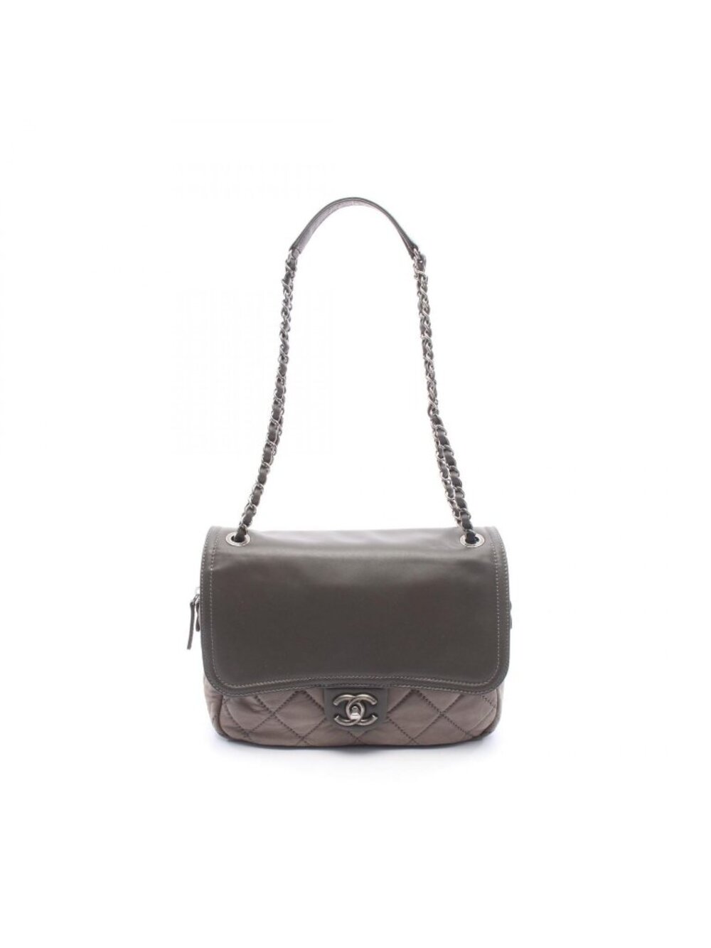 Chanel Shoulder Bag Quilted Gray Olive Lambskin Leather Chain